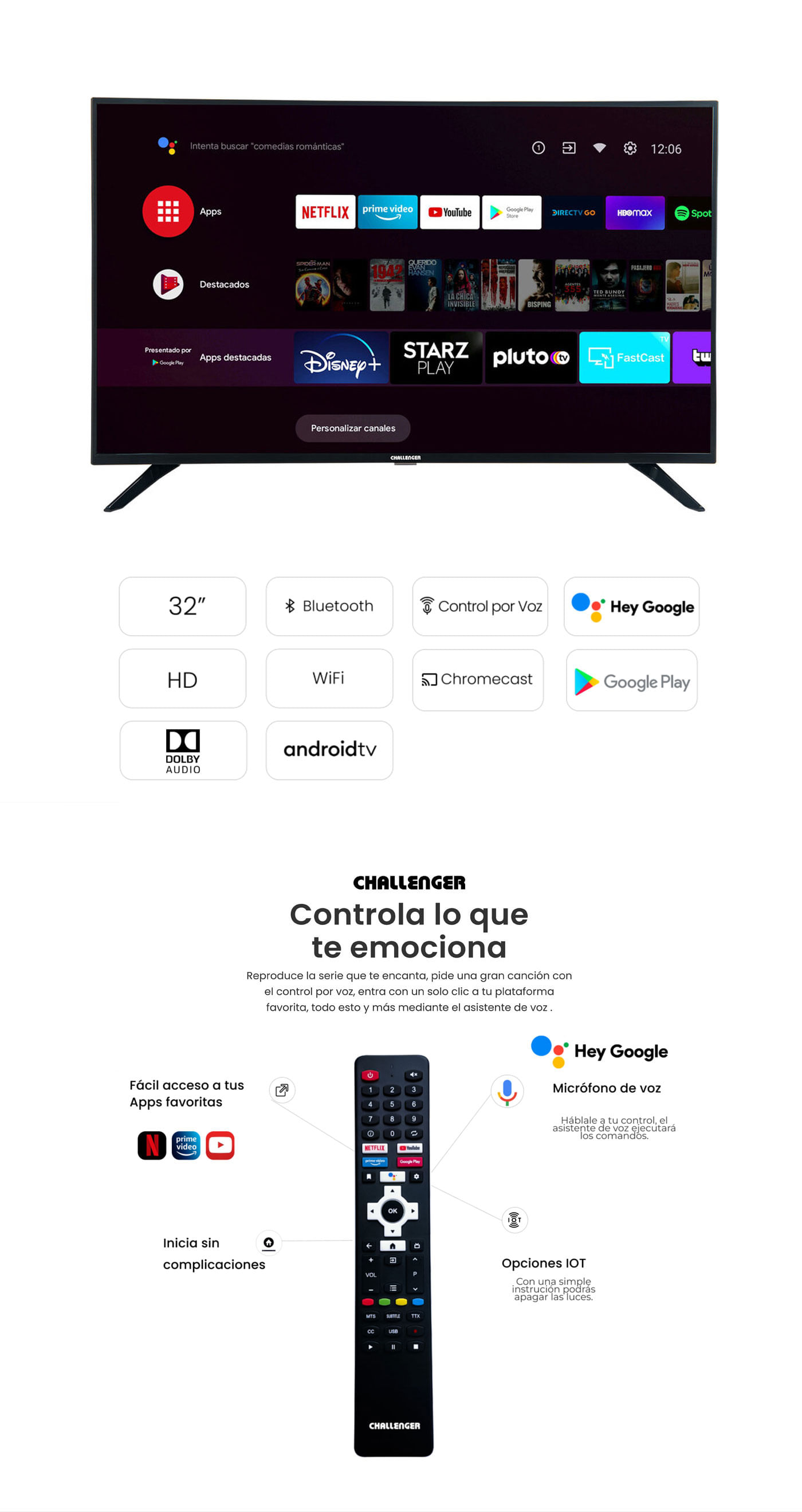 Televisor Android Pulgadas HD Smart TV - NetflixTV - Challenger